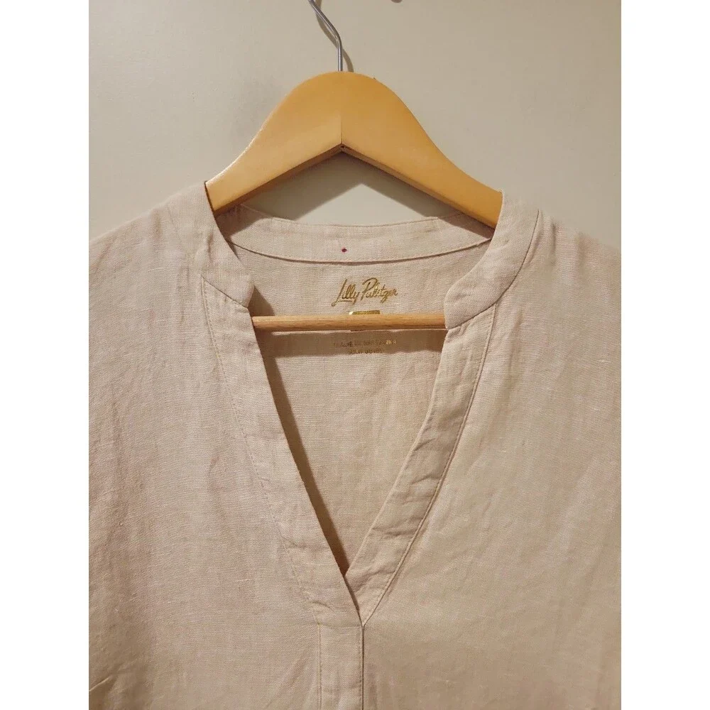 Lilly Pulitzer Mialeigh Top Women’s 10 Beige Linen Blend Puff Sleeve Blouse